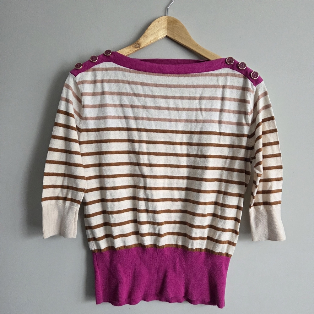 Anthropologie Yellow Bird Strip Color Block Light Sweater 3/4 Sleeve XS